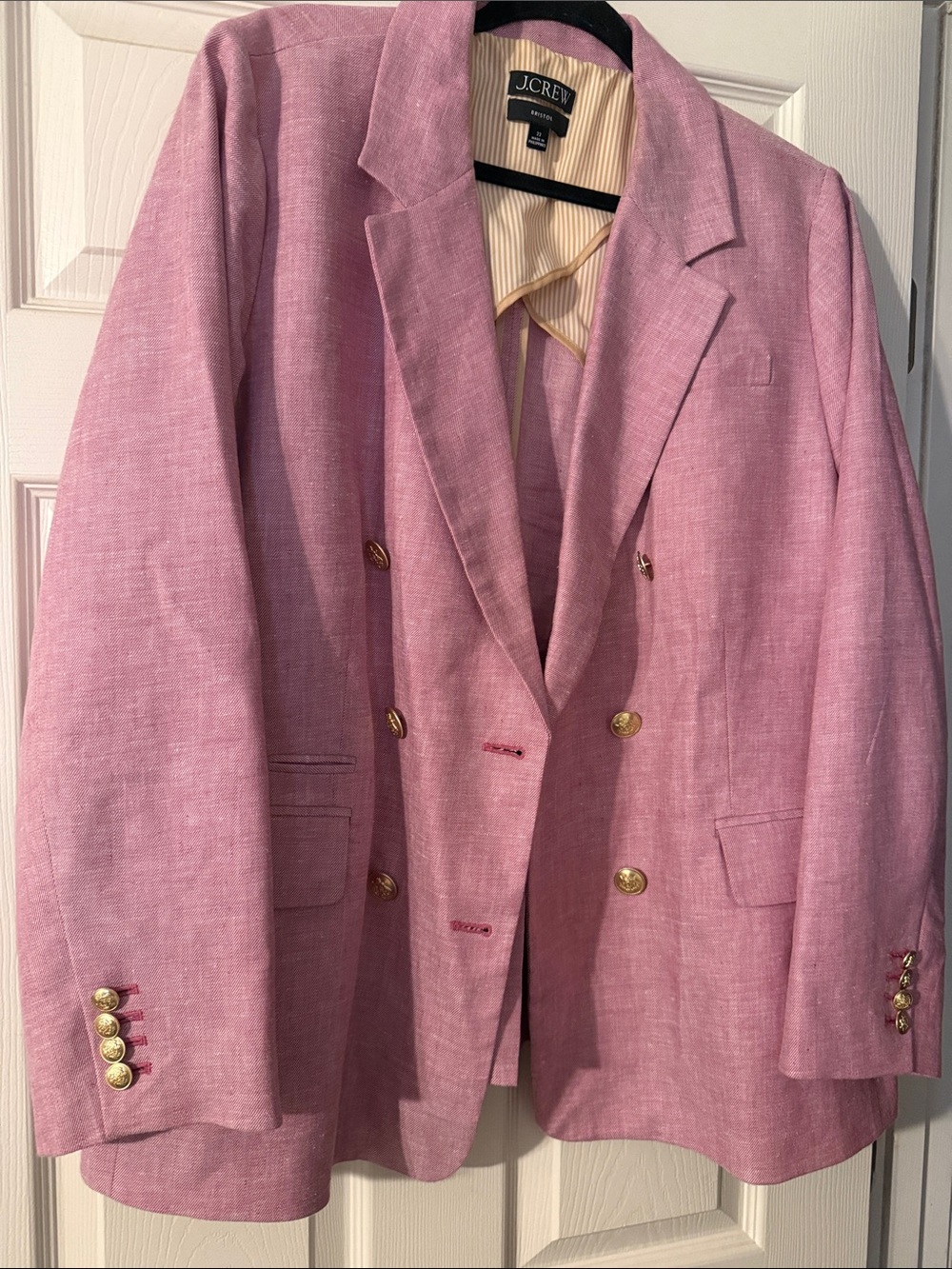 J.Crew Pink Double-Breasted Linen-Blend Blazer with Gold Buttons-
